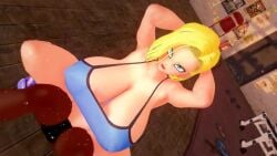 1female 1male android_18 arms_behind_head black_penis blonde_hair blue_eyes codeyumi cuckold dark-skinned_male dragon_ball dragon_ball_super dragon_ball_z huge_breasts huge_cock interracial koikatsu light-skinned_female netorare ntr tagme video