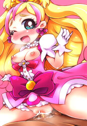 ;o aqua_eyes blonde_hair blush bow breasts breasts_out censored clothed_sex clothing cure_flora dress earrings eyebrows female girl_on_top gloves go!_princess_precure happy_sex haruno_haruka jewelry long_hair magical_girl male medium_breasts multicolored_hair nekoyuu nipples no_nose one_eye_closed penis pink_background pink_hair precure pretty_cure puffy_short_sleeves puffy_sleeves pussy sex short_sleeves smile solo_focus spread_legs streaked_hair thick_eyebrows two_tone_hair vaginal_penetration wince