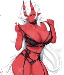 akumi big_breasts female horns oni oni_horns red_skin scars virtual_youtuber vyugen white_hair yellow_eyes