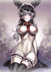 animated blush bunny_ears bunny_girl chenchen_(artist) final_fantasy_xiv grey_body grey_skin large_breasts long_hair maid_headdress thick_thighs thighhighs viera wide_hips