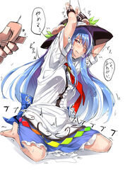 1boy arms_up barefoot blue_hair bondage bound_wrists breasts clenched_teeth collared_shirt controller disembodied_limb dress female food food_on_head fruit fruit_on_head hat long_hair looking_at_viewer necktie neropaso object_on_head one_eye_closed peach_(fruit) pov pussy_juice red_eyes remote_control remote_control_vibrator seiza setsubun sitting solo_focus tenshi_hinanawi torture touhou translated very_long_hair vibrator wince