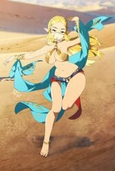 1girls anklet barefoot blonde_female blonde_hair blue_eyes bracelet breasts breath_of_the_wild dancer dancer_outfit dancing desert female female_focus female_only gerudo_outfit gold_jewelry harem_outfit hylian hylian_ears jewelry large_breasts long_hair nintendo pelvic_curtain pointy_ears princess princess_zelda r3dfive ring royalty scantily_clad smile solo solo_female solo_focus the_legend_of_zelda toe_ring veil zelda_(breath_of_the_wild)