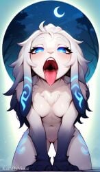 ai_generated all_fours animal_ears anthro blue_eyes blush body_fur breasts completely_nude crescent_moon drooling fangs female female full_moon fur furry furry_female inviting inviting_to_oral kindred_(league_of_legends) kumdevince lamb_(league_of_legends) league_of_legends long_hair looking_at_viewer mammal medium_breasts moon navel night night_sky nude open_mouth oral_invitation outdoors saliva saliva_trail sky solo teeth tongue tongue_out tree upper_teeth_only uvula white_body white_fur white_hair