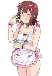 ;q amami_haruka apron blush breasts brown_hair choker female frills green_eyes heart highres idolmaster licking_lips looking_at_viewer mixing_bowl naked_apron one_eye_closed short_hair smile solo tongue tongue_out tsurui whisk wrist_cuffs