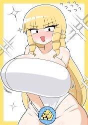 big_breasts blonde_hair blush blush censored censored_pussy embarrassed female huge_breasts kaneda_mochiko long_hair mount_celeb_kaneda-san towel towel_only