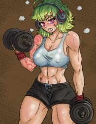 ?reycall clenched_teeth fitness green_hair headwear muscular_female muscular_thighs short_hair sweating virtual_youtuber weightlifting