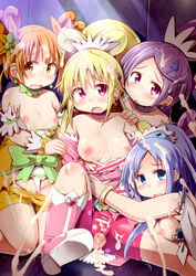 4girls :o after_sex aida_mana bike_shorts blonde_hair blue_eyes blue_hair blush boots bracelet breasts breasts_out brown_hair clothing cum cure_diamond cure_heart cure_rosetta cure_sword curly_hair dokidoki!_precure double_bun earrings flat_chest hair_ornament highres hishikawa_rikka jewelry kenzaki_makoto knee_boots koizumi_hitsuji long_hair magical_girl mound_of_venus multiple_girls nipples pink_eyes precure pretty_cure purple_eyes purple_hair shiny shiny_skin short_hair shorts shorts_pull sitting small_breasts spade_hair_ornament torn_clothes torn_shorts yellow_eyes yotsuba_alice