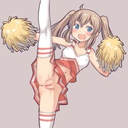 1girls aaaa anus bangs blue_eyes brown_hair cheerleader cheerleader_outfit cheerleader_uniform crop_top female leg_up medium_breasts navel nipples nipples_visible_through_clothing no_bra no_panties open_mouth pussy shoulders skirt solo solo_female spread_legs stockings thighhighs twintails white_stockings white_thighhighs