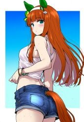 ai_generated animal_ears casual_clothes female green_eyes hair_band horse_girl long_hair orange_hair silence_suzuka_(umamusume) small_breasts umamusume umamusume_pretty_derby