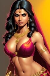 ai_generated armlet bare_shoulders big_breasts bindi black_eyes black_hair blouse cleavage dark-skinned_female dark_skin earrings gold_jewelry hourglass_figure indian indian_clothes indian_female jewelry looking_at_viewer midriff navel necklace saree sari simple_background slim_waist smile smiling smiling_at_viewer solo solo_female upper_body