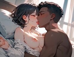 ai_generated black_hair blush dark-skinned_male dark_skin female female_only french_kiss french_kissing hard_nipples kissing kissing male medium_breasts nipples orange_eyes pink_nipples short_hair sole_female