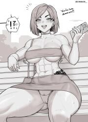 !? 1girls abs alternate_muscle_size blush breasts cameltoe cellphone cheekie0 choker cleavage collarbone deltoids female female_only female_pubic_hair greyscale hi_res holding_object holding_phone jujutsu_kaisen kugisaki_nobara large_breasts looking_at_viewer makeup mascara monochrome muscular muscular_female muscular_thighs navel open_mouth outdoors pubic_hair pubic_hair_peek ring short_hair sitting skirt smile solo solo_female spread_legs strapless tattoo text thick_thighs thong tubetop twitter_username underboob watermark wide_hips