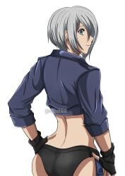 1girls angel_(kof) big_ass black_gloves black_panties blue_eyes female from_behind gloves hand_on_hip hip_grab hips jacket king_of_fighters leather leather_clothing legwear light-skinned_female light_skin looking_at_viewer looking_back panties short_hair smile smiling white_hair wide_hips