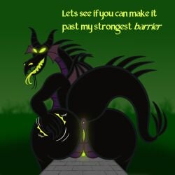 1:1 anthro anus ass big_butt black_body bridge detailed_background disney disney_villains dragon english_text female forked_tongue genitals glowing glowing_anus glowing_genitalia glowing_pussy hand_on_butt hi_res huge_butt looking_at_viewer looking_back looking_back_at_viewer maleficent membrane_(anatomy) membranous_wings motion_lines mythological_creature mythological_scalie mythology outside pussy scalie sharkinwaves sitting sleeping_beauty_(1959_film) solo text tongue tongue_out wings