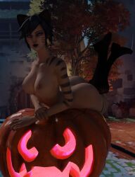 1girls alternate_costume awilix_(smite) big_ass big_breasts black_hair feline_fashion_awilix female female_only frostedzai_(artist) goddess halloween hi-rez_studios mythology nude pinup smite solo tan_skin