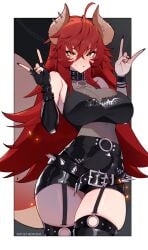 1female 1girls ahoge big_breasts breasts commentary_request english_commentary female female_only hair_between_eyes hi_res highres horns looking_at_viewer mixed-language_commentary nail_polish sfw solo solo_female standing thighs very_high_resolution virtual_youtuber vtuber zentreya