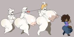 2boys 2girls asgore_dreemurr asriel_dreemurr big_pecs blonde_hair bovid brown_hair caprine chastity_cage dark-skinned_male dio_(megokinho) genderswap_(mtf) gigantic_breasts horns huge_ass hyper_penis large_areolae leash leash_pull massive_ass megokinho nipple_piercing pectorals penis_peek puffy_nipples red_eyes rule_63 simple_background toriel undertale walking white_body