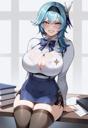 1girls ai_generated big_breasts blue_hair boob_window bowtie breast_window civitai dug-lith-pls eula_(genshin_impact) genshin_impact leaning_against_object leaning_back light-skinned_female light_skin looking_at_viewer mischievous_smile multicolored_eyes office_clothing office_lady pencil_skirt see-through see-through_clothing see-through_top sitting_on_table smiling_at_viewer thiccwithaq_(ai_style) thick thick_ass thick_thighs