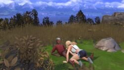 athletic_female blonde_hair blowjob clothing female homeless human interracial male outdoors pale_skin sims4 the_sims_4