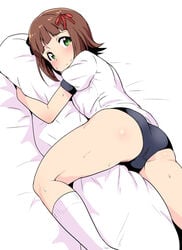 amami_haruka ass bloomers blue_bloomers blush brown_hair buruma dakimakura_(object) female green_eyes gym_uniform hair_ribbon highres hug idolmaster knee_socks kneehighs kneesocks looking_at_viewer ribbon short_hair smile socks solo sweat tsurui white_socks