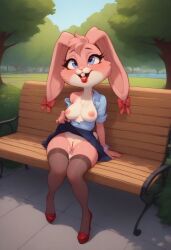 after_sex ai_generated babs_bunny breasts cum cum_on_breasts cum_on_legs furry high_heels lipstick nipples outside pussy rincewiend shirt skirt tiny_toon_adventures