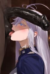 1boy 1girls 86_-eightysix- ai_generated blowjob blue_eyes celena_race cock_worship cute_face dark-skinned_male dark_skin fellatio interracial licking_balls long_hair mikayori pale-skinned_female penis vladilena_millize