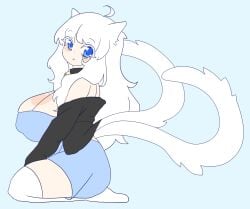 blue_eyes byternomar cat_ears cat_tail cat_tails catgirl clothed clothed_female female large_breasts light_skin mizu_(byternomar) mostly_nude multiple_tails nekomimi nipple_bulge old_design original tails thigh_highs white_hair