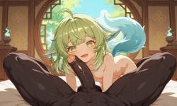 ai_generated dark-skinned_male excited foreskin genshin_impact happy honkai:_star_rail huohuo_(honkai:_star_rail) imminent_oral mitachurl petite size_difference small_breasts