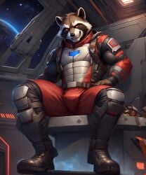 anthro clothing detailed_fur ears_up footwear fur kuranoidss looking_at_viewer male mammal muscular_male raccoon rocket_raccoon sharp_teeth smile space spacecraft spacesuit suit teeth whiskers