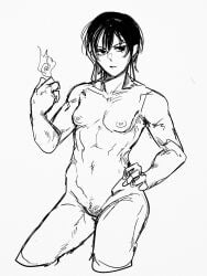 1girls black_hair earrings female fire hiyuki_kagari kagurabachi katsutentacle muscular_female naked nude pubic_hair short_hair sketch small_breasts