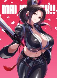 1girls alternate_costume black_gloves black_suit breasts brown_eyes brown_hair fatal_fury fatal_fury:_city_of_the_wolves female female_only king_of_fighters large_breasts leather leather_clothing light-skinned_female light_skin looking_at_viewer mai_shiranui massive_breasts thick_thighs thighs