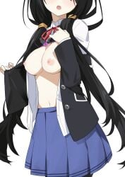 black_bra black_hair blush bra_lift breasts_out date_a_live flashing large_breasts long_hair midriff morisobo navel open_mouth presenting ribbon school_uniform shirt_lift simple_background skirt tokisaki_kurumi twintails white_background