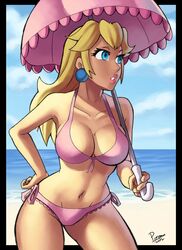 1girls bikini blonde_hair blue_eyes female female_only hourglass_figure human large_breasts looking_to_the_side mario_(series) nintendo parsujera princess_peach solo umbrella