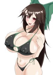 1girls belly belly_button big_breasts blush breasts breasts breasts_bigger_than_head breasts_focus brown_hair color colored erect_nipples erect_nipples_under_clothes female female_only huge_breasts large_breasts long_hair nipples partially_clothed red_eyes ribbon ribbon_in_hair shirotsume1111 solo solo_female swimsuit thighs touhou utsuho_reiuji very_long_hair