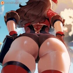 ai_generated amber_(genshin_impact) artist_name ass ass_focus back backboob bag big_ass blue_sky blurry blurry_background blush brown_hair cameltoe cloud codemistake cowboy_shot crop_top day english_text facing_away female from_behind from_below genshin_impact gloves hand_on_hip huge_ass long_hair looking_at_viewer outdoors partially_visible_vulva patreon_logo patreon_username red_legwear shiny_skin shorts signature skindentation sky solo standing sweat thick_thighs thigh_gap thighhighs thighs thong watermark web_address wet wide_hips