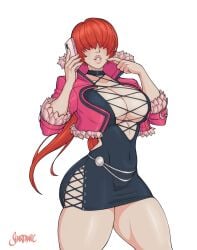 1girls big_ass big_breasts big_breasts big_lips black_skirt boob_window breasts breasts breasts clothed female fishnets fit fit_female heart huge_breasts jacket king_of_fighters light-skinned_female light_skin long_hair looking_at_viewer no_bra phone ponytail red_hair shardanic shermie_(kof) skirt spread_legs thick thick_legs thick_lips thick_thighs thighs tied_hair toned_body voluptuous voluptuous_female wide_hips