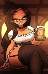 barmaid beer beer_mug big_breasts breasts dark_skin garter_straps glasses jek_korpen latina seductive seductive_look sensual tagme tagme_(character) thick_thighs thighhighs thighs twistingtoxic