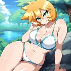 1:1_aspect_ratio ai_generated arm_support bangs bare_shoulders big_tits bikini blonde_hair blue_sky blush bra breasts clavicle cleavage closed_mouth clothing day female female_only green_eyes hair_between_eyes high_resolution kasumi_(pokemon) large_breasts legs looking_at_viewer misty_(pokemon_hgss) nature navel orange_hair outdoors pokemon pokemon_character pokemon_gsc pokemon_hgss shiny shiny_hair shiny_skin short_hair sitting sky smile solo swimsuit thick_thighs thighs tree underwear unique_hair water white_bikini white_swimsuit wide_hips