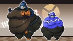 2girls alternate_version_available belly belly_overhang blue_eyes blue_hair breasts fat female female_focus female_only hips large_breasts mimi_sentry obese obese_female overweight overweight_female robot robot_girl robot_humanoid roxas617 sentry-chan sentry_(team_fortress_2) sharp_teeth stomach team_fortress_2 thick_thighs thighs thumbs_up valve weight_gain wide_hips