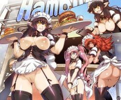 3girls absurdres animal_ears apron ass black_thighhighs blue_eyes bow bowtie breasts brown_hair burger cat_ears cat_girl censored commentary_request commission corset elf food french_fries frilled_apron frills from_behind from_below garter_straps highres hisahiko holding holding_tray large_breasts long_hair maid_headdress medium_hair menu mosaic_censoring multiple_girls nipples no_panties oerba_yun_fang open_mouth orange_eyes original outdoors pink_hair pixiv_commission pointy_ears projected_inset pussy red_hair restaurant scar scar_on_arm scar_on_breasts scar_on_face scar_on_leg scar_on_nose short_sleeves sign signature skin_fang smile soda storefront thighhighs tray twintails waist_apron waitress white_apron wrist_cuffs yellow_eyes