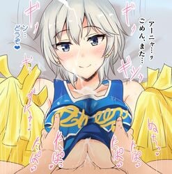 anastasia_(idolmaster) cheerleader cum earrings female human idolmaster idolmaster_cinderella_girls jewelry male no_bra paizuri paizuri_under_clothes pom_poms poshi_(ginmokusei) short_hair silver_hair straight