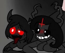 2boys 2boys1girl ahe_gao anal anal_sex anon azazel_(the_binding_of_isaac) blush breast_squish breasts breasts_on_floor demon_boy demon_girl eve_(the_binding_of_isaac) inverted_cross leathericecream offscreen_sex sweating the_binding_of_isaac tongue tongue_out