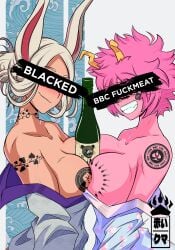 2girls alcohol asian_clothing bare_shoulders between_breasts black_eyes black_sclera blacked blush boku_no_hero_academia bottle breasts bunny_ears bunny_girl drink duo edit female female_only hair_bun horns kimono looking_at_viewer mina_ashido miruko my_hero_academia partially_clothed pink_body pink_hair pink_skin qos qos_tattoo queen_of_spades red_eyes rumi_usagiyama scarlet_bear short_hair spade_tattoo superheroine tattoo white_hair yellow_eyes