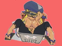 agent_3_(splatoon) agent_3_(splatoon_3) annoyed annoyed_expression black_pants breasts captain captain_(splatoon_3) captain_hat captain_outfit cooler feet gluten000000 hand_on_cheek hat headphones headwear inkling inkling_girl sandals sitting sitting_in_cooler squid squid_girl toes toes_curled toes_scrunch topless topless_female torn_clothes torn_clothing torn_pants yellow_hair