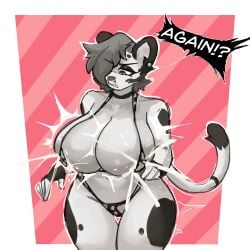 annoyed annoyed_expression big_breasts breast_expansion breasts cleavage cow_print crowsdomeart female huge_breasts lactating lactation thick_thighs wide_hips yvette_(kilinah)