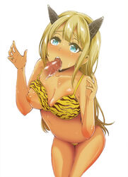 1boy alessandra_susu blonde_hair blue_eyes blush breast_slip breasts censored cleavage fellatio female horn horns kazuo_daisuke long_hair one_breast_out open_mouth oral penis solo_focus straight sweat tiger_print tokyo_7th_sisters