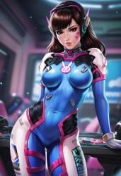 ai_generated bodysuit clothed clothed_female d.va looking_at_viewer overwatch seductive_look solo_female