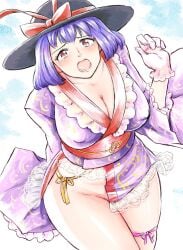 blush color colored curvy curvy_figure dousonn erect_nipples erect_nipples_under_clothes hat hips iku_nagae kimono nagae_iku no_panties partially_clothed purple_hair red_eyes ribbon short_hair thick_thighs thighs touhou yokai youkai