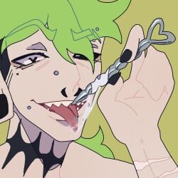 _0_strawberrymilk_0_(artist) black_nails cross cum curly_hair demon demon_boy dominant_male dripping dripping_cum fluffy_hair green_hair hand hand_up holding holding_object human humanoid kinky licking_cum looking_at_viewer looking_down male male_only mlm mullet mullet_(hairstyle) naked neck neck_tattoo no_genitals nude nude_male original original_character punk punk_hair scars self_harm_scars sex_toy shark_teeth shaved_pussy shoulders smirk smirking_at_viewer solo solo_male sounding sounding_rod split_tongue tattoo throat_tattoo