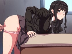 amagami ass bangs bent_over black_clothes black_eyes black_hair blush breasts censored closed_mouth female hairband highres indoors legs long_hair long_sleeves looking_back maku_(l-u) matching_hair/eyes morishima_haruka mosaic_censoring panties panty_pull penis pink_panties school_uniform skirt skirt_lift solo_focus sweat thighs underwear vaulting_horse